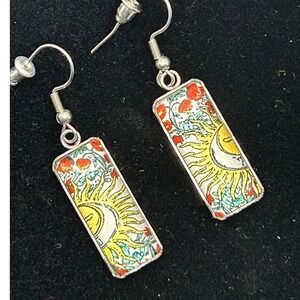 Celestial‎ Sun Dangle Earrings Rectangular Silver Tone Folk Art Style Artistic